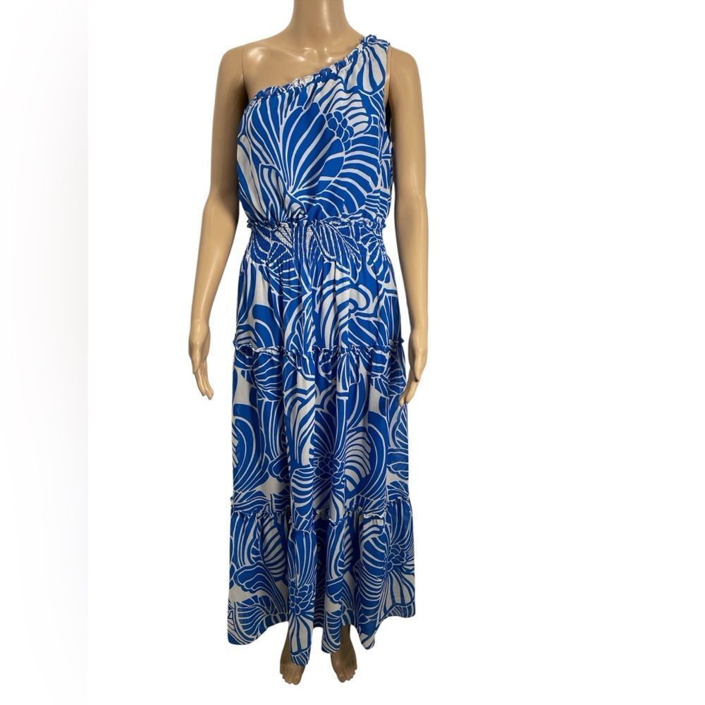 TAYLOR One Shoulder Lined Blue Floral Maxi Dress size 8